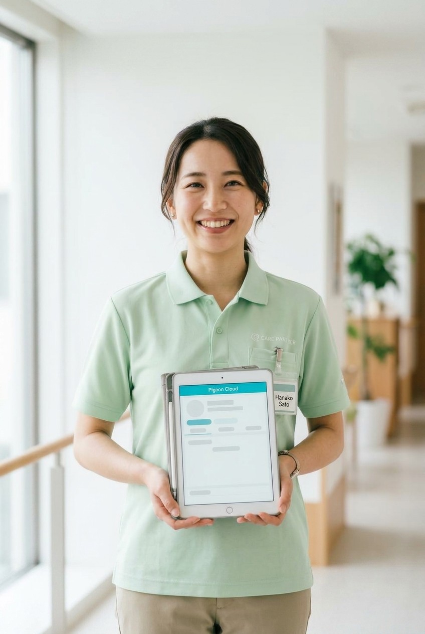 タブレットを笑顔で操作する介護従事者